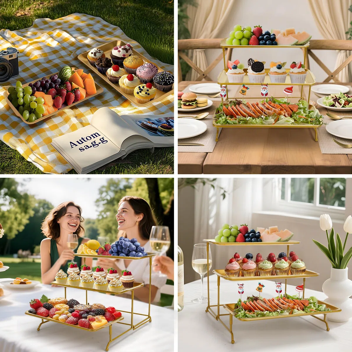 Bandejas 3 Pisos para Servir Comida, 32×16cm Bandejas Reutilizables con Soporte de exhibición de Metal Dorado para Alimentos, Tazón de Frutas en Bandeja para Verduras, Galletas, Postres