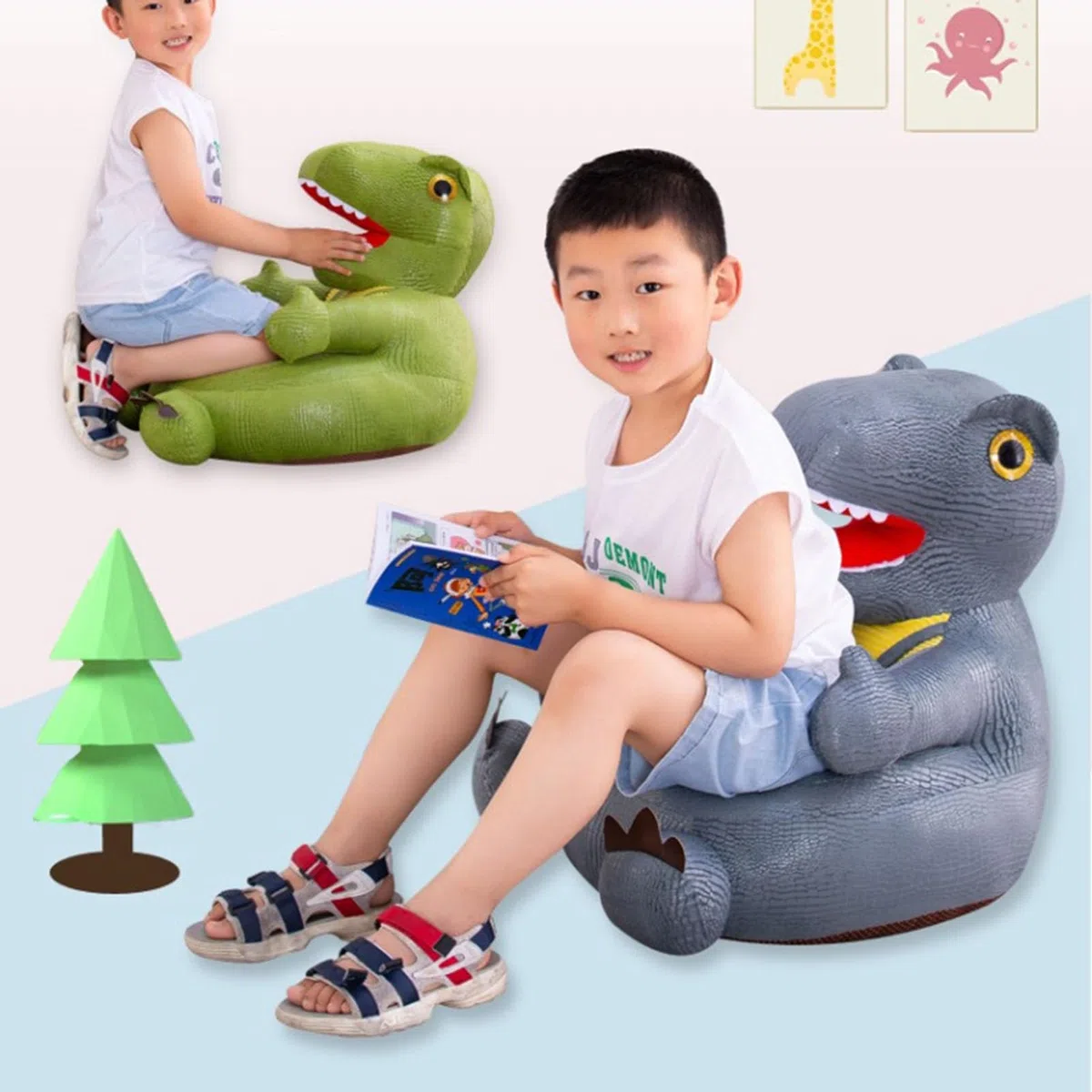 Funda para puf de dinosaurio (sin relleno), lavable a máquina, organizador de almacenamiento de animales de peluche, para niños y niñas, color verde