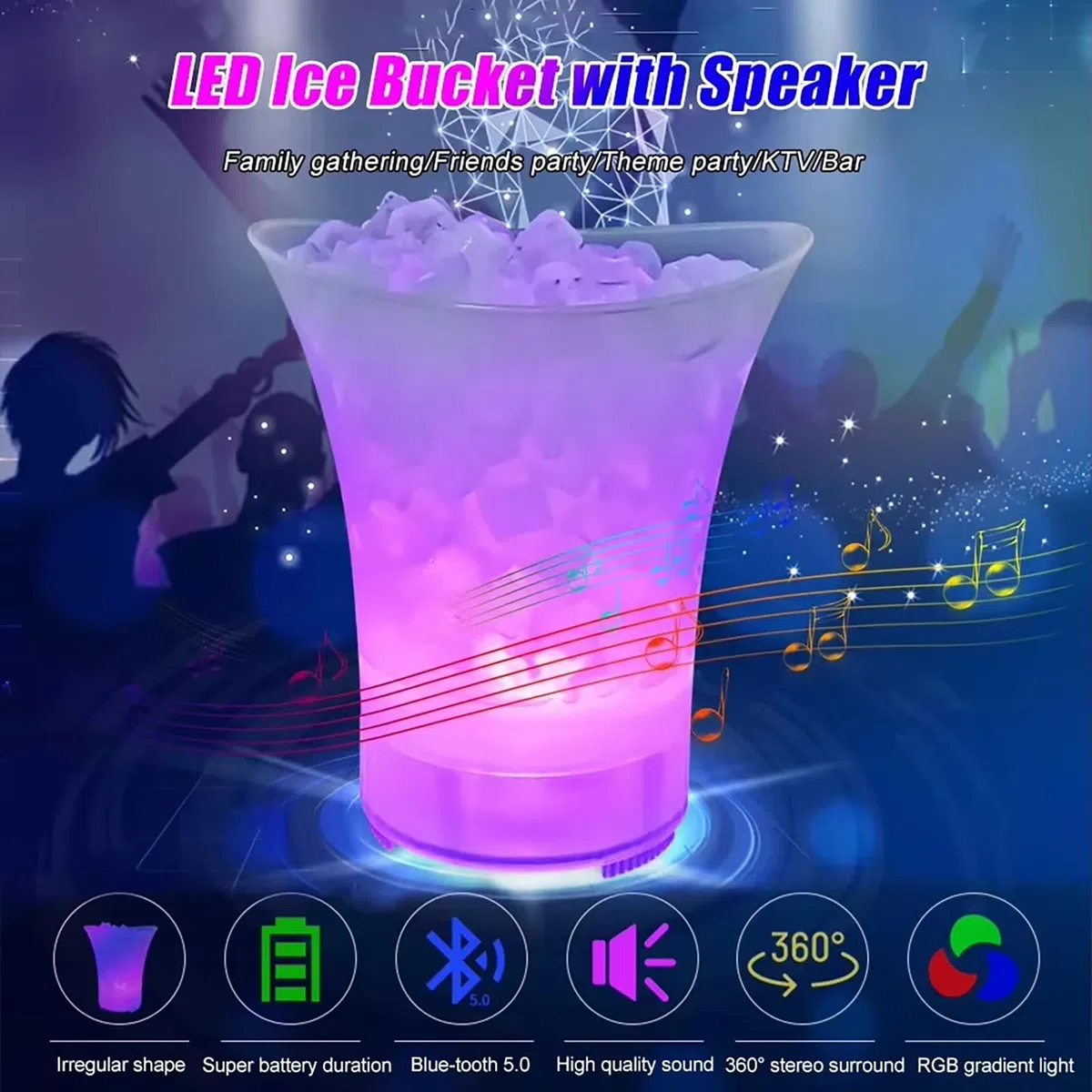 Cubo de hielo LED con altavoz Bluetooth de 5 L, gran capacidad, para vino, para fiestas, hogar, bar