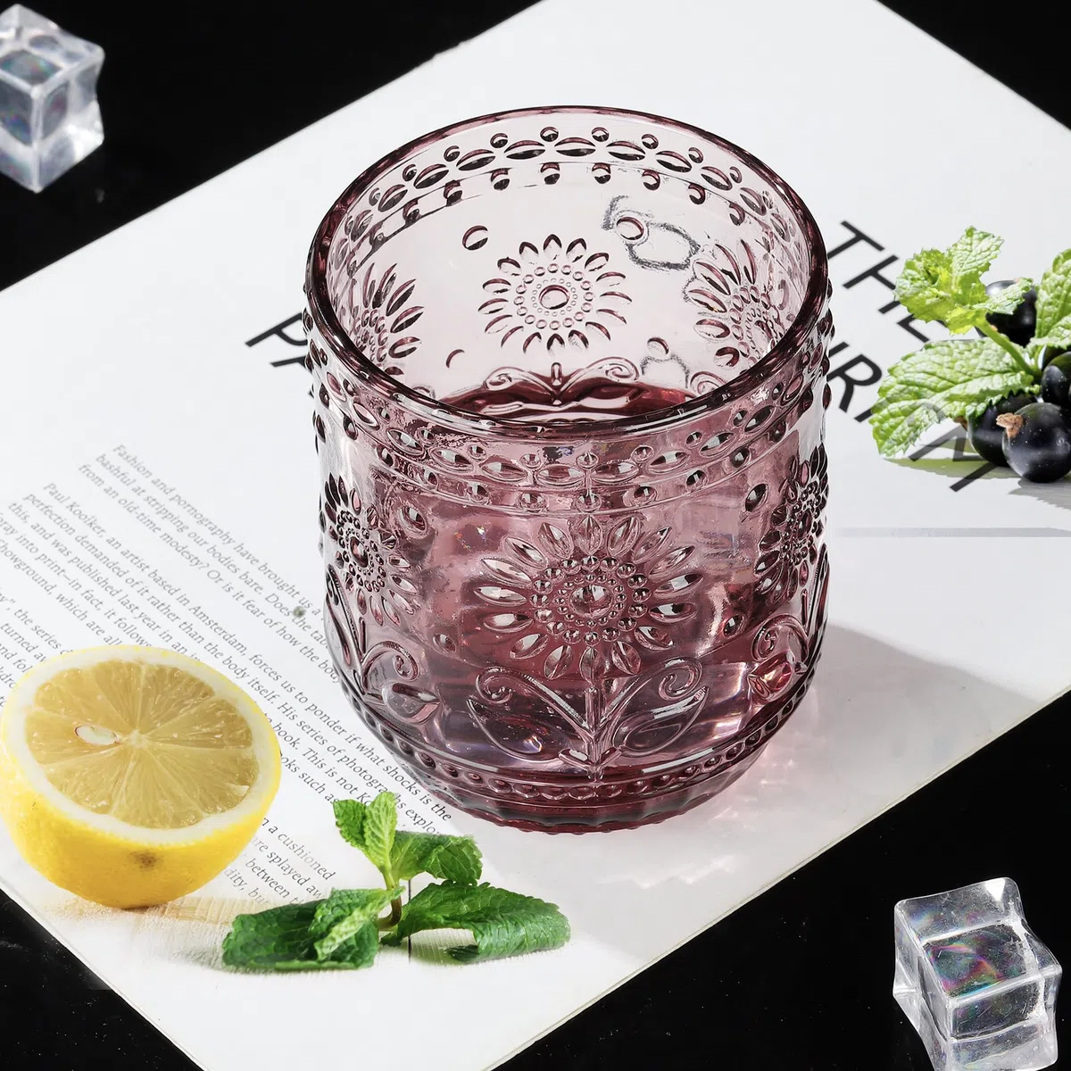 Joeyan Vasos Cristal Colorido,360ml Púrpura Vaso de Agua Modernos, Vaso de Vidrio con Estampado de Flores, Juego de 4 para Limonada Bebidas de Jugo Cola cóctel Cafe Sidra, Apto para Lavavajillas