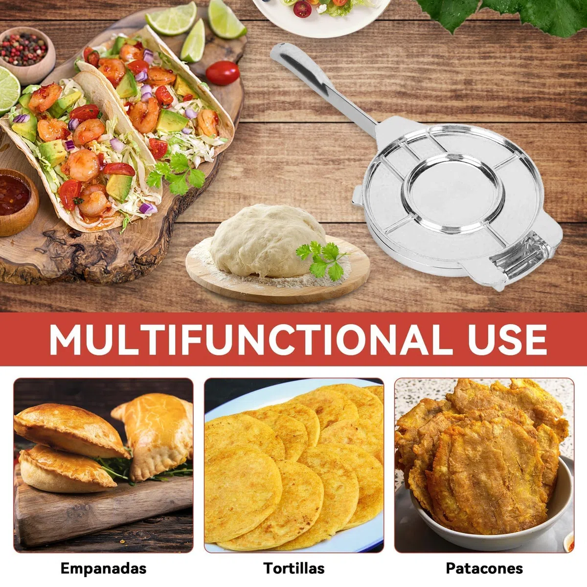 Prensa de tortilla de hierro fundido, aleación de aluminio Tortilla Maker harina Tortilla Pizza Making Machine para cocina 22 * 16CM