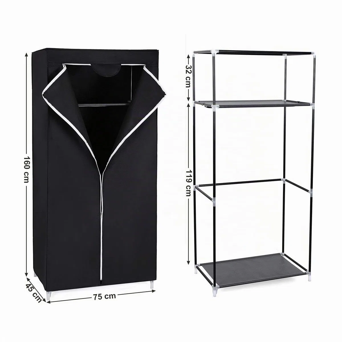 SONGMICS Armario de Tela, Armario Plegable con Barra de Colgar, Perchero Individual, Organizador de Bolsas, Juguetes, Zapatos, Sala, Dormitorio, 75 x 45 x 160 cm, Negro RYG83H