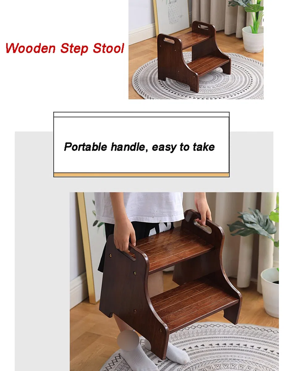 Taburete de madera con dos escalones, almohadillas antideslizantes y asas, doble altura para uso en baño y cocina
