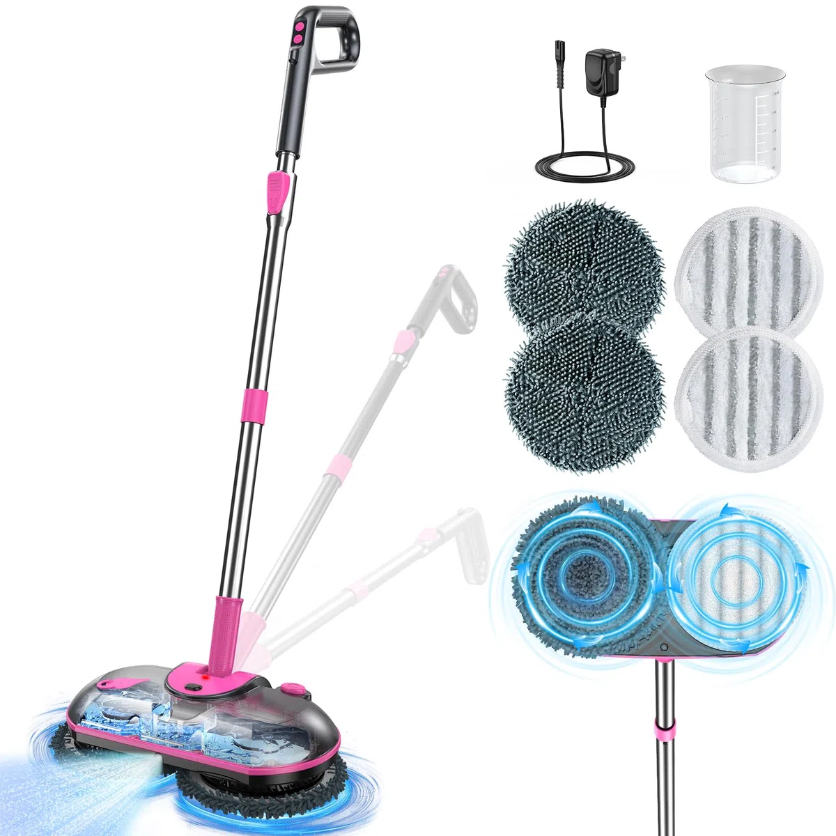 ScrubWiz Trapeador eléctrico inalámbrico, mopa giratoria eléctrica con spray de agua, potente limpiador de pisos, limpieza y cera súper silenciosa, blanco y negro