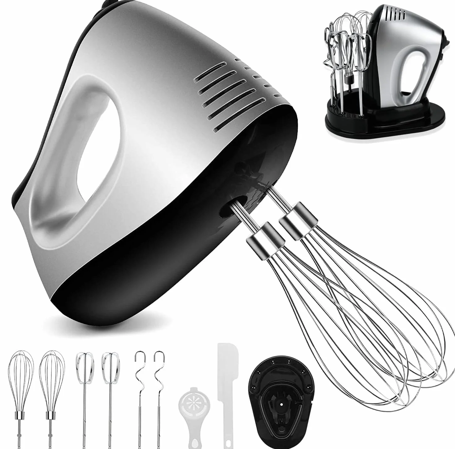 Batidora de Varillas Eléctrica 500W 5 Velocidades y Función Turbo con Varilla de Globo, Batidoras, Garfios Amasadores, Separador de Huevos, Espátula y Soporte de Almacenamiento para Repostería