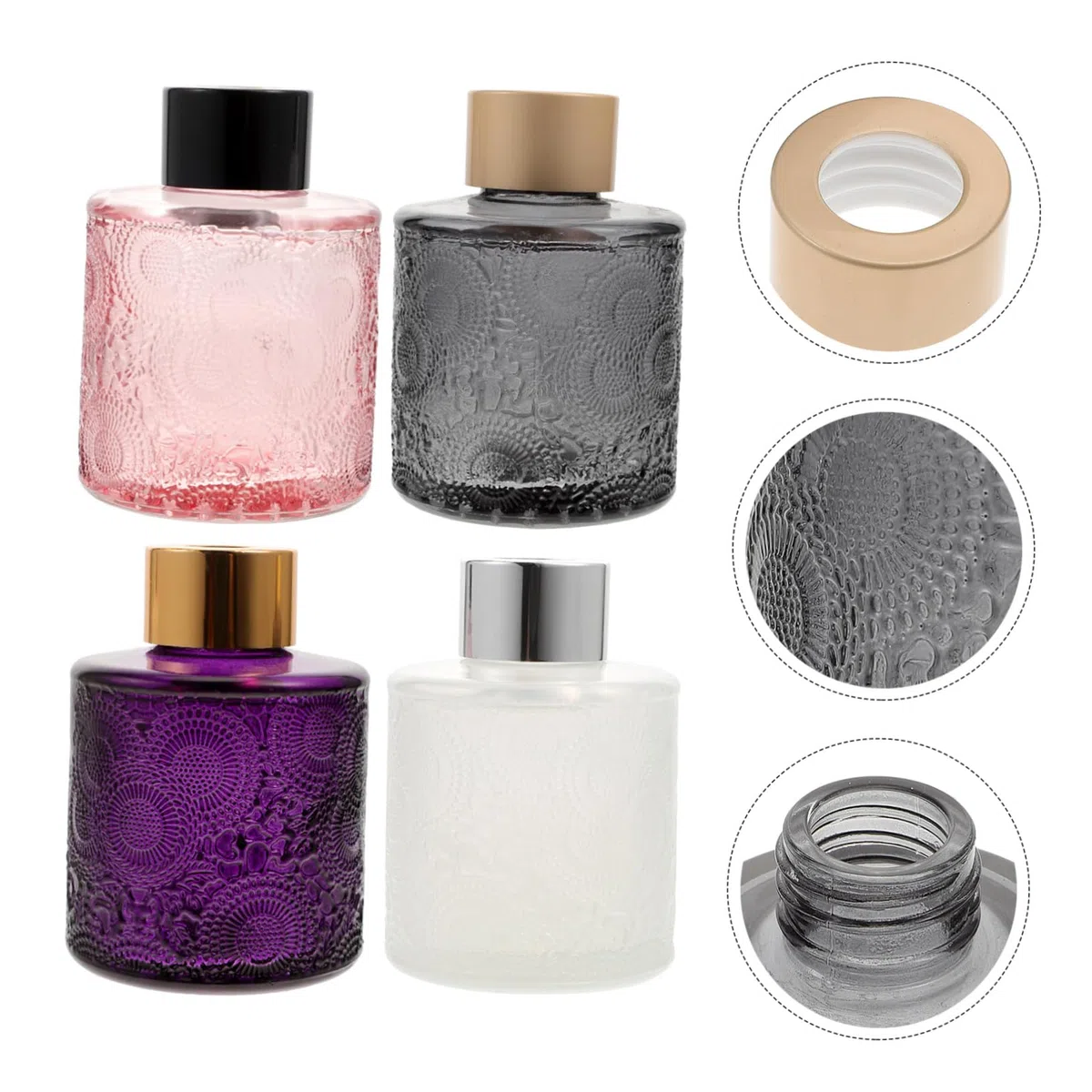 PartyKindom 4piezas Botellas Aromaterapia Relieve Recipientes De Vidrio Decorativas Para Perfume Seco Difusor Hogar Dormitorio Oficina