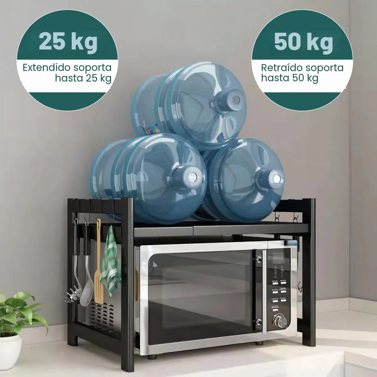 Auauraintt 2 Niveles Soporte Extensible para Microondas de,con 6 Ganchos,Retráctil de 40 a 64 cm Apto para Soporte de microondas y Soporte de Horno de Cocina,Negro