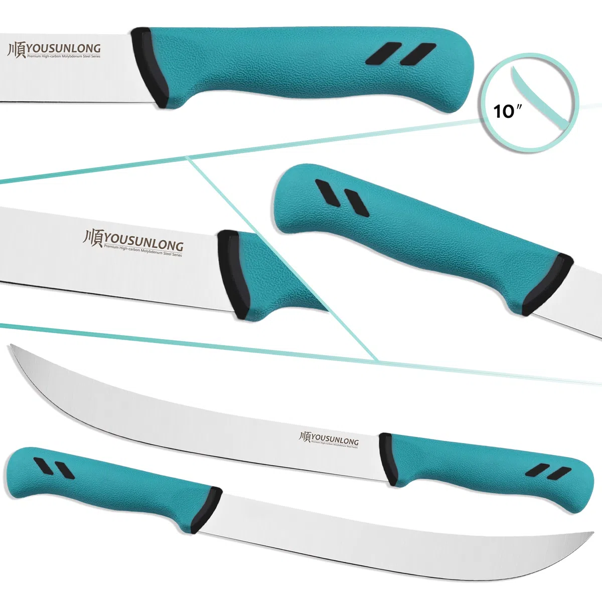YOUSUNLONG Cuchillo de carnicero curvo - 255 mm - Hoja de acero al molibdeno con alto contenido en carbono - Cuchillo de carnicero - Mango ergonómico antideslizante