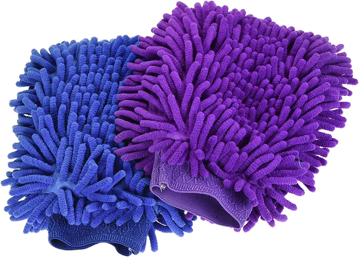 Guantes portátiles de trapo for lavado de autos Manopla de lavado de chenilla suave de microfibra Guantes for quitar el polvo grandes de doble cara for la limpieza de la casa, conjunto azul naranja 2
