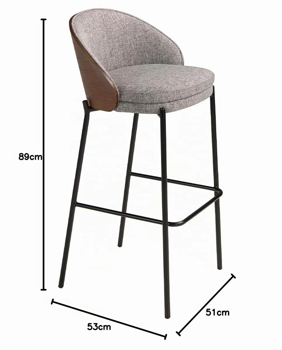 Ángel Cerdá- Taburete Alto Tela Gris y Madera Nogal - Patas de Acero Inoxidable Negro - Diseño Moderno y Elegante - Taburetes Altos de Cocina - Mueble Cocina - Sillas Cocina - 53 x 51 x 98 cm
