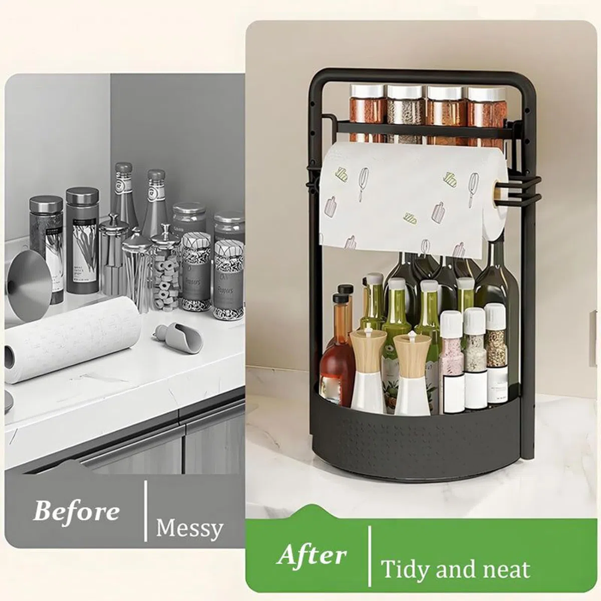 Generico Estante organizador giratorio para especias, organizador de mostrador de dos niveles con portarrollos – Giratorio para condimentos – para despensa armario cocina cocina cocina casa tarro