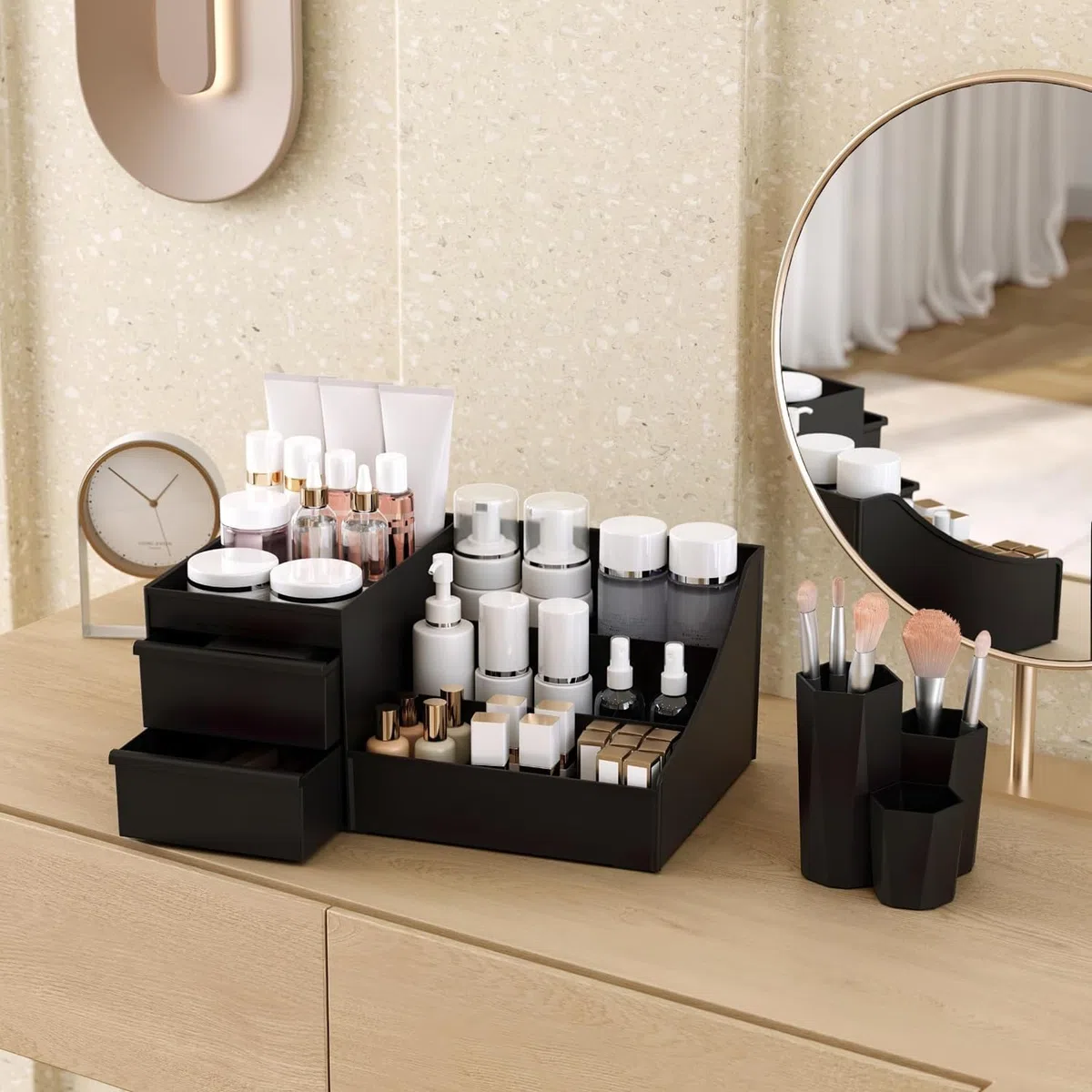 Organizador para Hombre, Caja Organizadora Maquillaje para Baño, Perfume, Almacenaje de Cosmeticos, Skincare Regalos para Hombres (Negro)