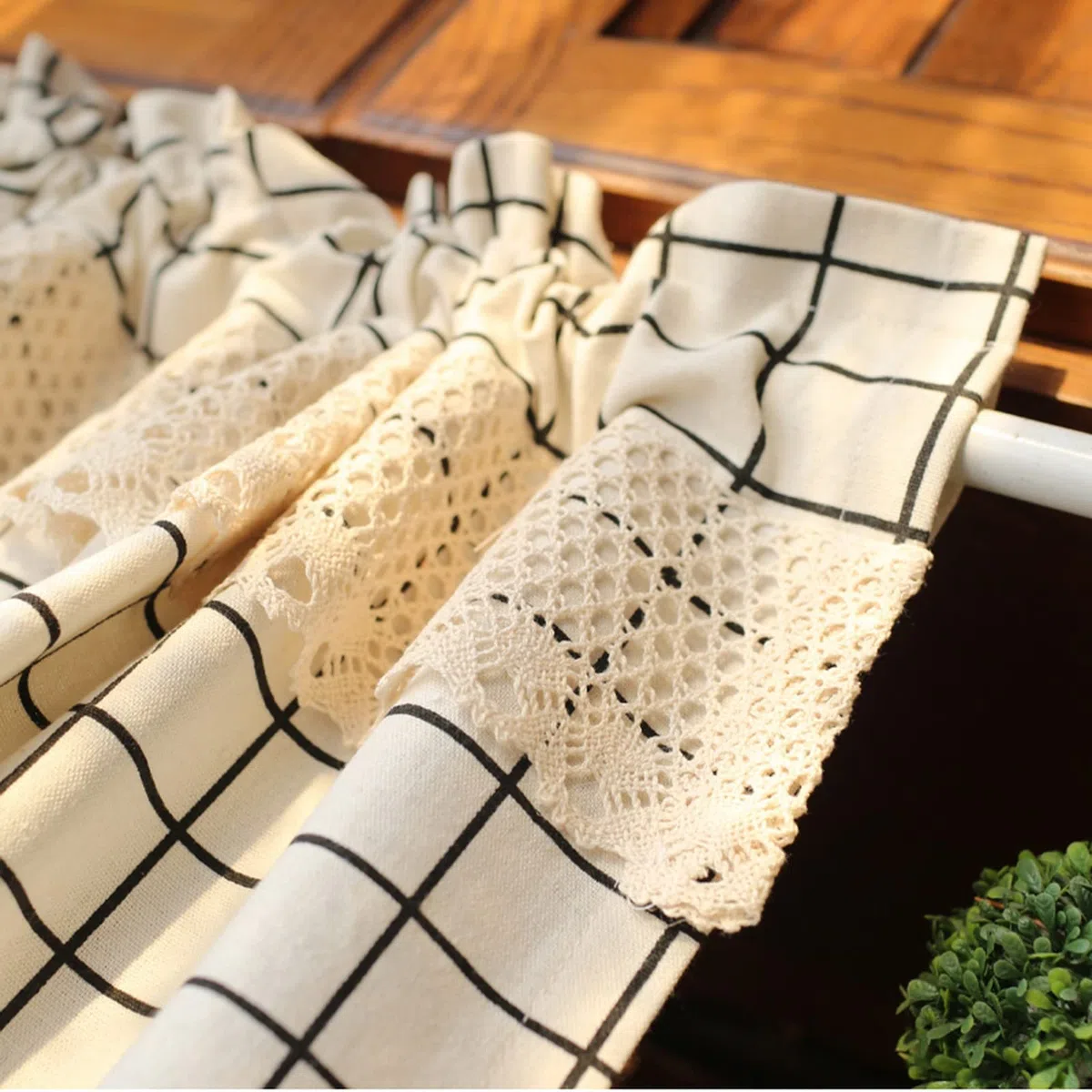 A.Monamour Cortina Cocina Ventana Puerta Corta Pequeña Farmhouse Algodón Lino Encaje Negro Blanco A Cuadros Buffalo Opaco Bolsillo para Varilla Panel Cenefa Rustica Bistro para Dormitorio Café Baño