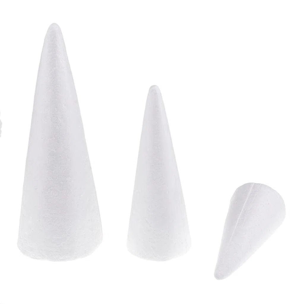 Juego de 3 conos de poliestireno sólido blanco (15 cm, 20 cm, 25 cm) – Decoración para árbol de Navidad, suministros artísticos para niños