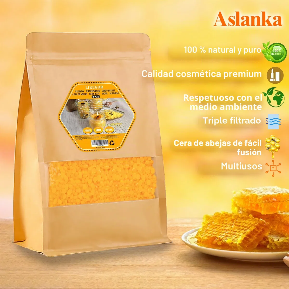 Cera de abeja, 1kg de cera de abeja natural, ideal para cosmética natural, toallitas de cera de abeja o cera para velas, envase de larga duración.