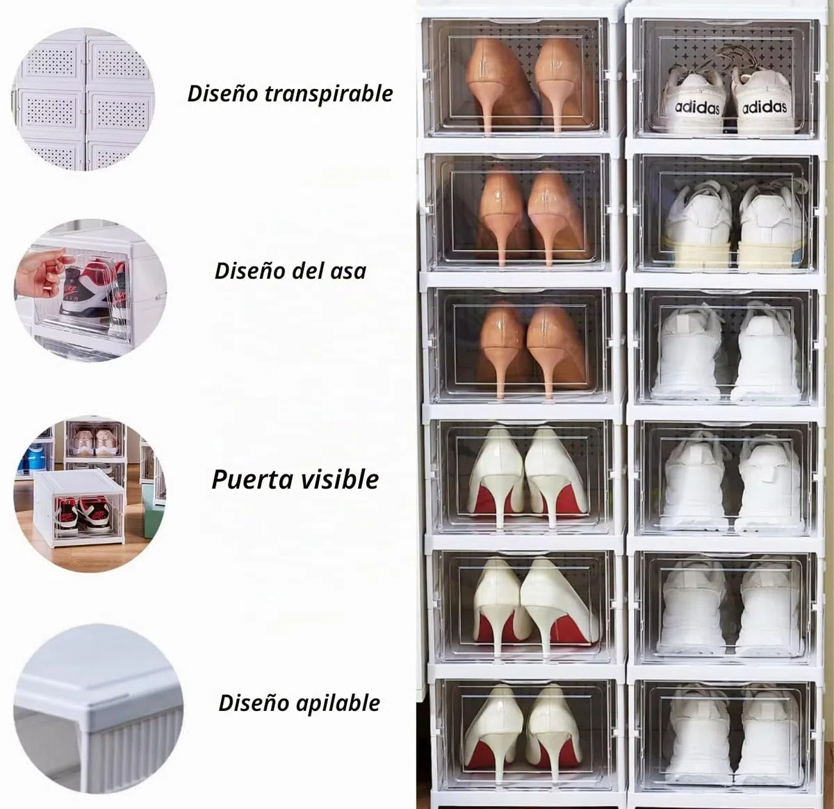 Cajas de zapatos transparente - Organizador de zapatos de plástico, 6 cajas de almacenamiento de plástico duro transparente, zapatero apilable con puerta magnética, organizador de zapatos armario.