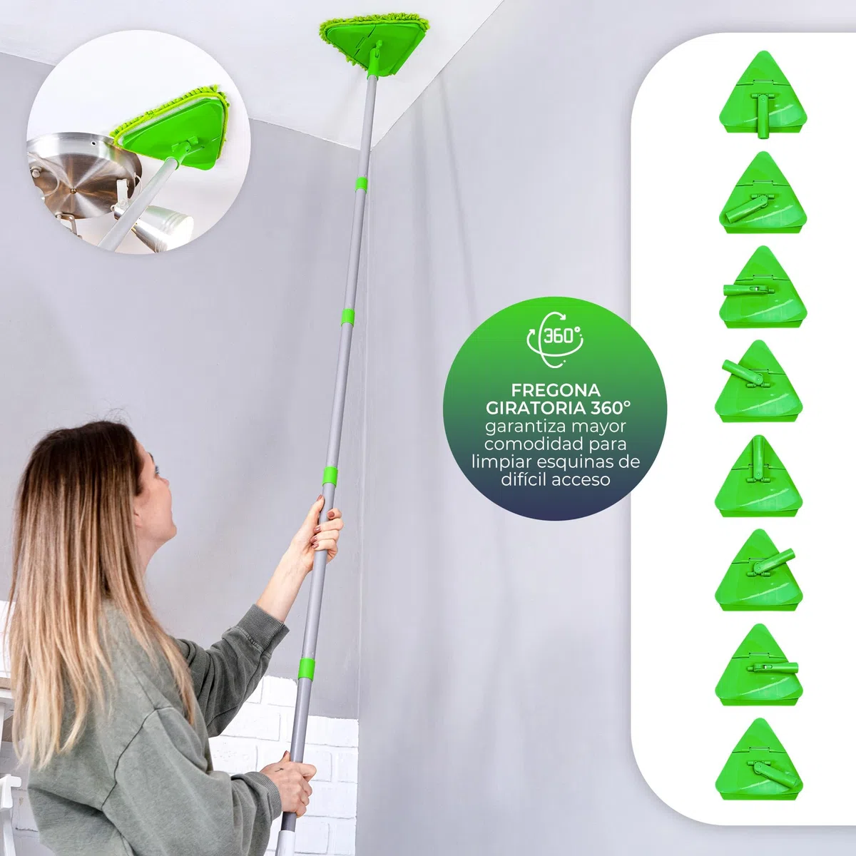 Mopa para Limpiar Azulejos y Paredes + Rasqueta Limpia Cristales | Trapeador Giratorio 360 | Mango Ajustable hasta 2,08 Metros | 6 Almohadillas de Chenilla y Microfibra (MOPA+RASQUETA)