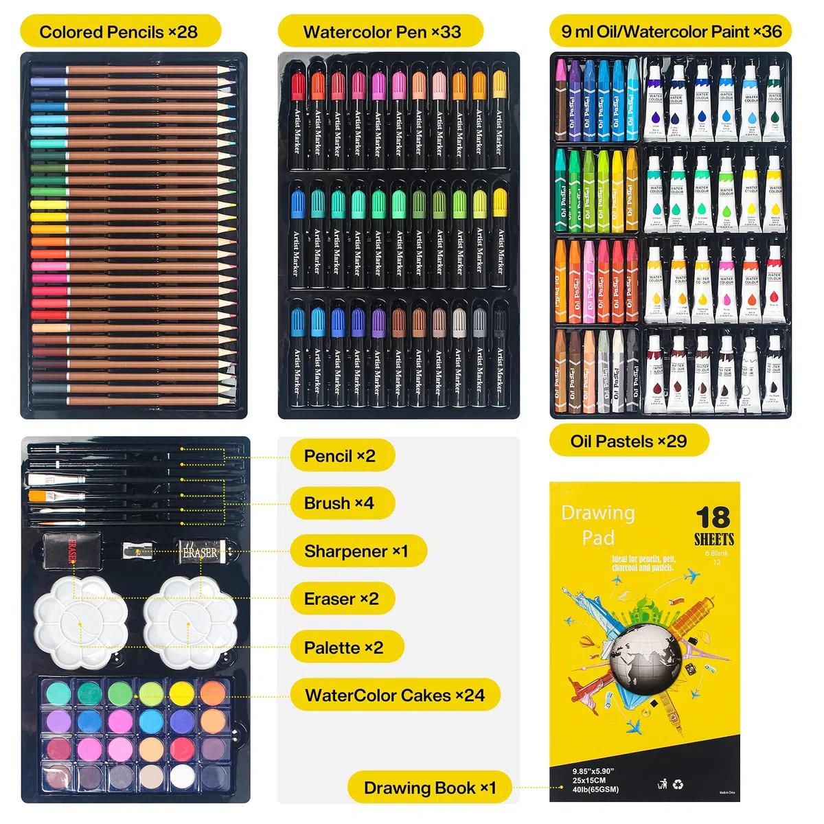 DoubleCare - Juego de arte de 145 piezas, caja y kit de dibujo de aluminio portátil de lujo para niños y adultos, adecuado para equipos de dibujo diarios, regalos de cumpleaños, regalos