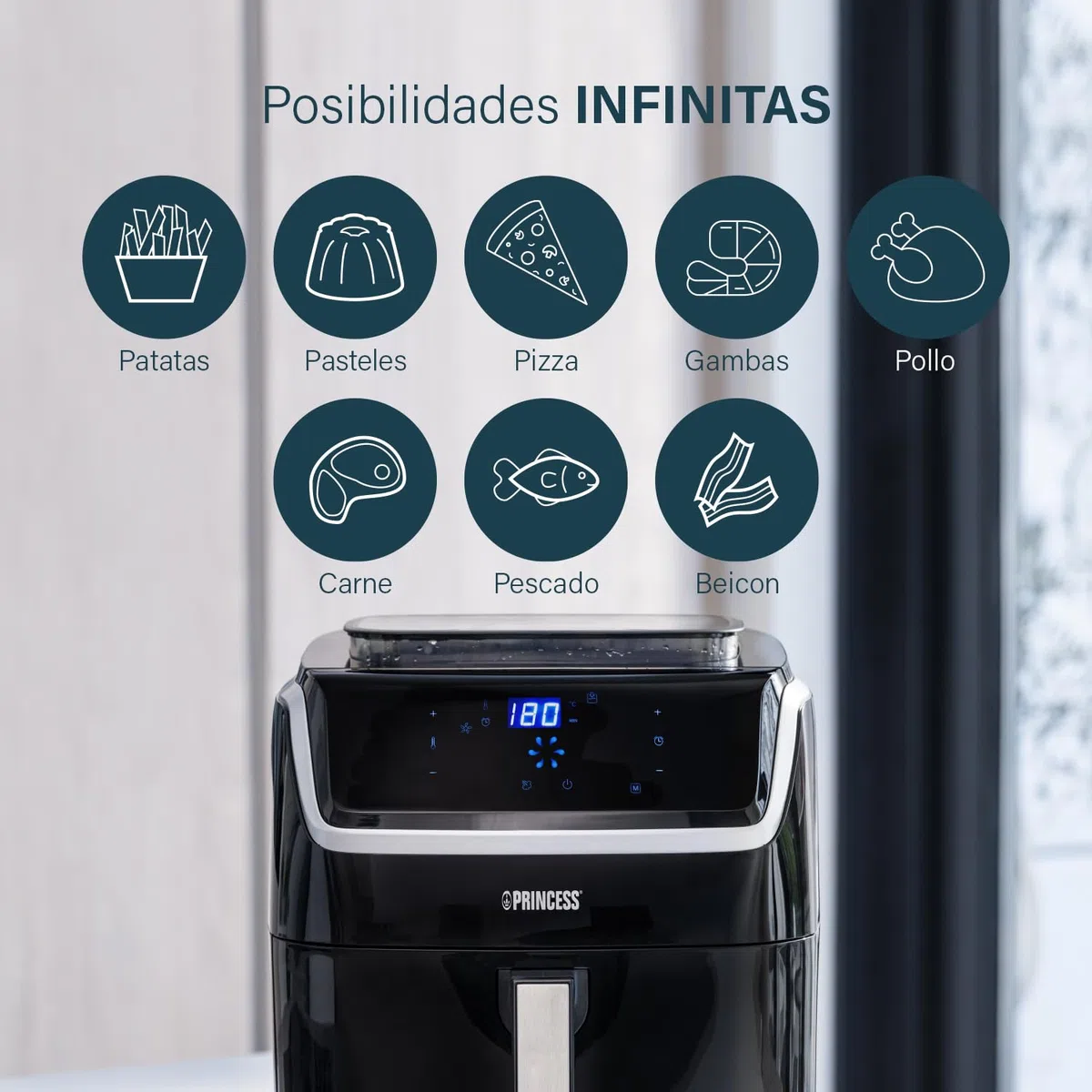 Princess 182080 Freidora sin aceite y vaporera 2 en 1 multifunción, capacidad 6.5 L, Ahorra hasta un 62,2% de energía, 8 programas, panel digital táctil, recetario en PDF y accesorios incluidos
