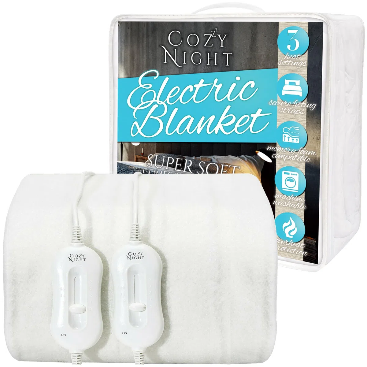 Cozy Night Manta eléctrica doble, tamaño 140 x 192 cm, funda de colchón ajustada y suave, correas de esquina de ajuste rápido, 3 niveles de calor, control dual de 70W y lavable a máquina