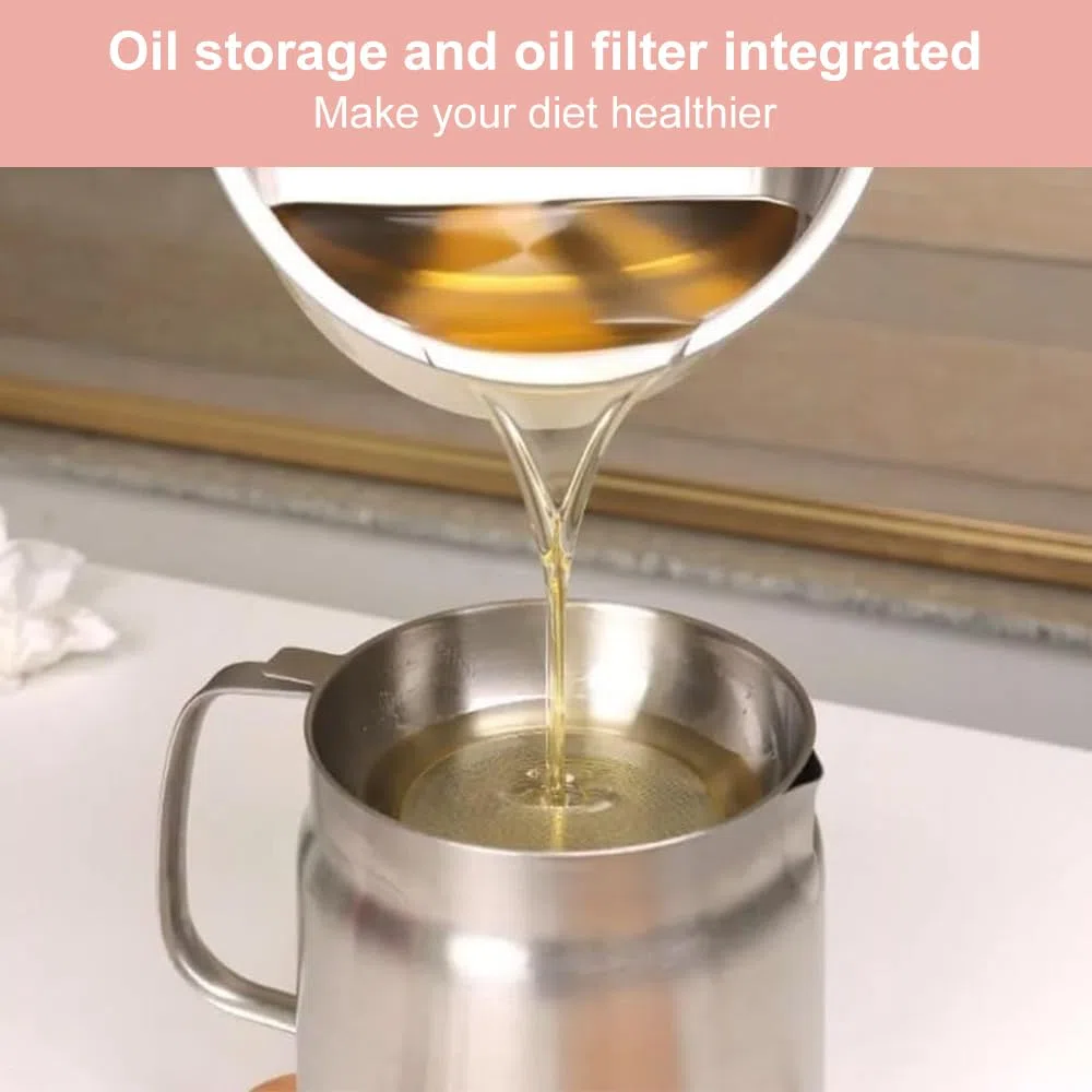 Olla de Filtro de Aceite de Acero Inoxidable, 2L Contenedor de Grasa con Colador de Malla Fina y Cesta para Freír, Protector de Grasa de Tocino, Versátil Recipiente Aceite para Cocina