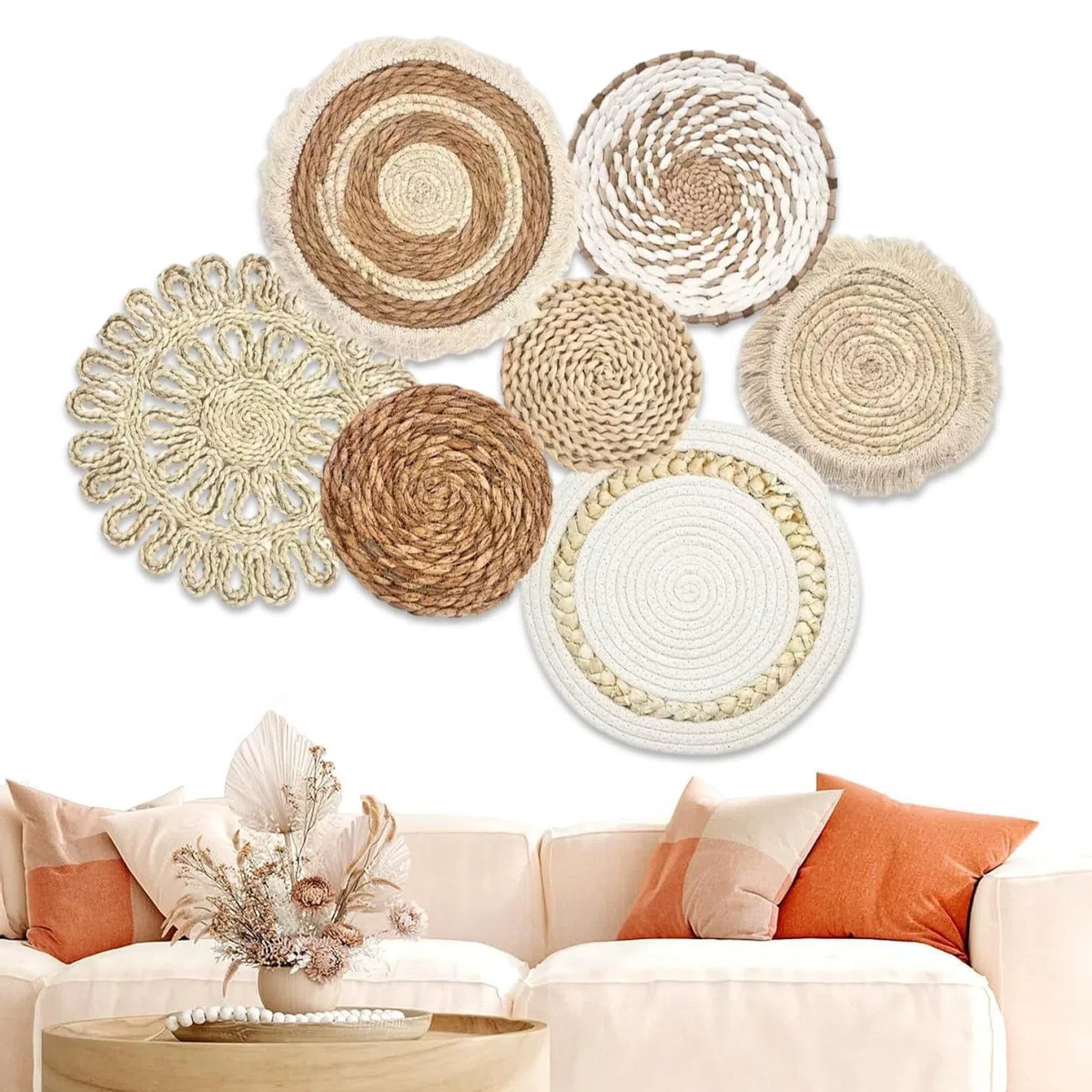 Decoración de la cesta de pared tejida colgante, cestas de pared boho 7pcs/set de diferente tamaño y estilo decoración de canasta boho tejido y arte decorativo redondo para sala de estar, dormitorio