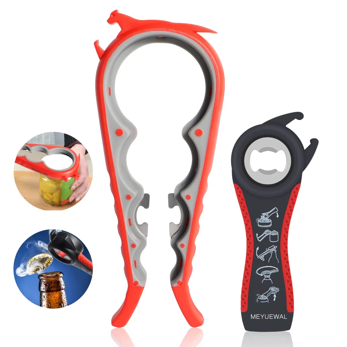 Abridor de tapas 6 en 1, abrelatas y botellas, tarros y latas para personas mayores con artritis o manos débiles, resistente y borde liso, color rojo