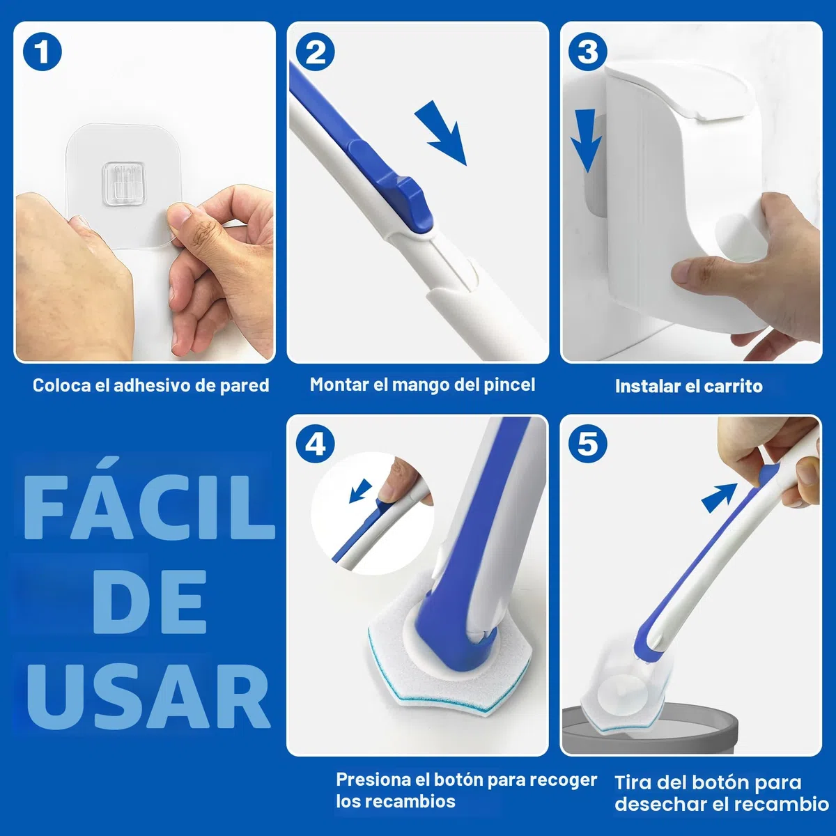 JEHONN Escobilla Baño Desechable WC, Cepillo para Inodoro con 48 Rellenos de Detergente, Toilet Brush Mango Largo Montado En La Pared, Adecuado para Piscina Fregona Lavabo (Azul)