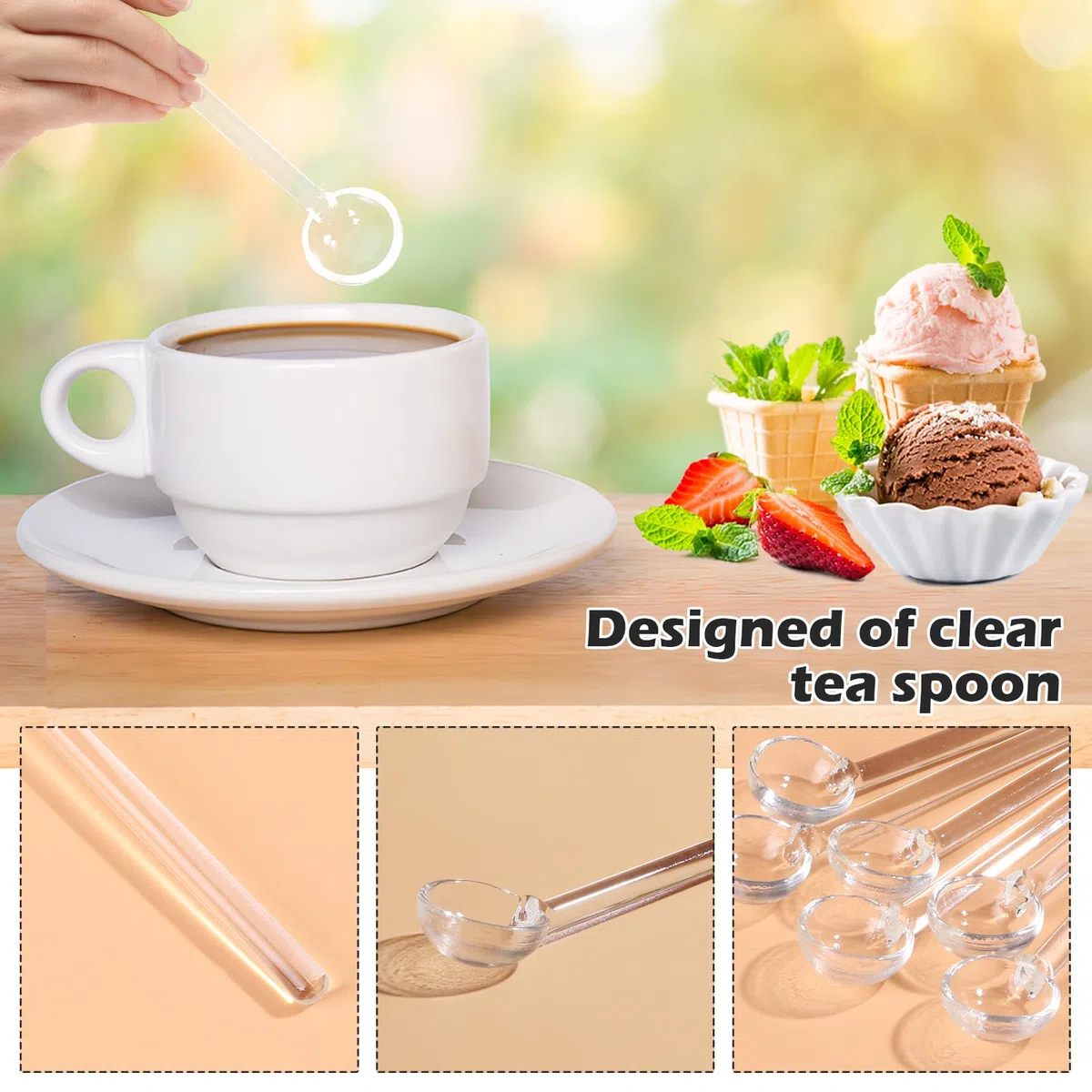UPKOCH Juego de 6 cucharas de cristal para café, postres, té, helado, para café, té, mermelada, de baño