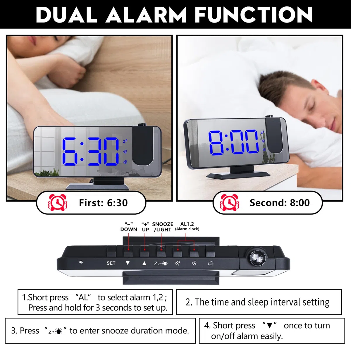 Despertador de proyección, Reloj Despertador Digital con Proyector con Temperatura y Fecha Pantalla Grande 4 Niveles de Brillo Modo Nocturno 12/24H,Puerto de Carga USB,Doble Alarma