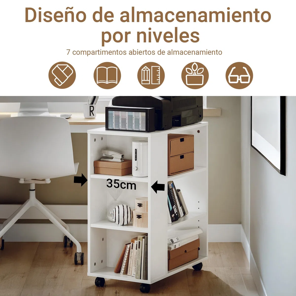 SoBuy Mueble Impresora Mesa para Impresora con Ruedas Cajonera Oficina con 6 Compartimentos Abiertos Mueble Archivador Armario Oficina Blanco 60x35x75cm FBT68-W