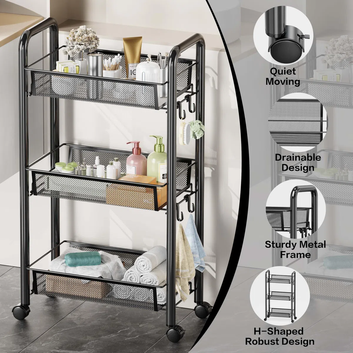 Carrito Auxiliar con Ruedas,Carro Cocina Metálica 3/4/5 Niveles, Carro de Servicios para Salón Baño Dormitorio Oficina,Carrito Auxiliar Multiusos (Negro, 3 Niveles)
