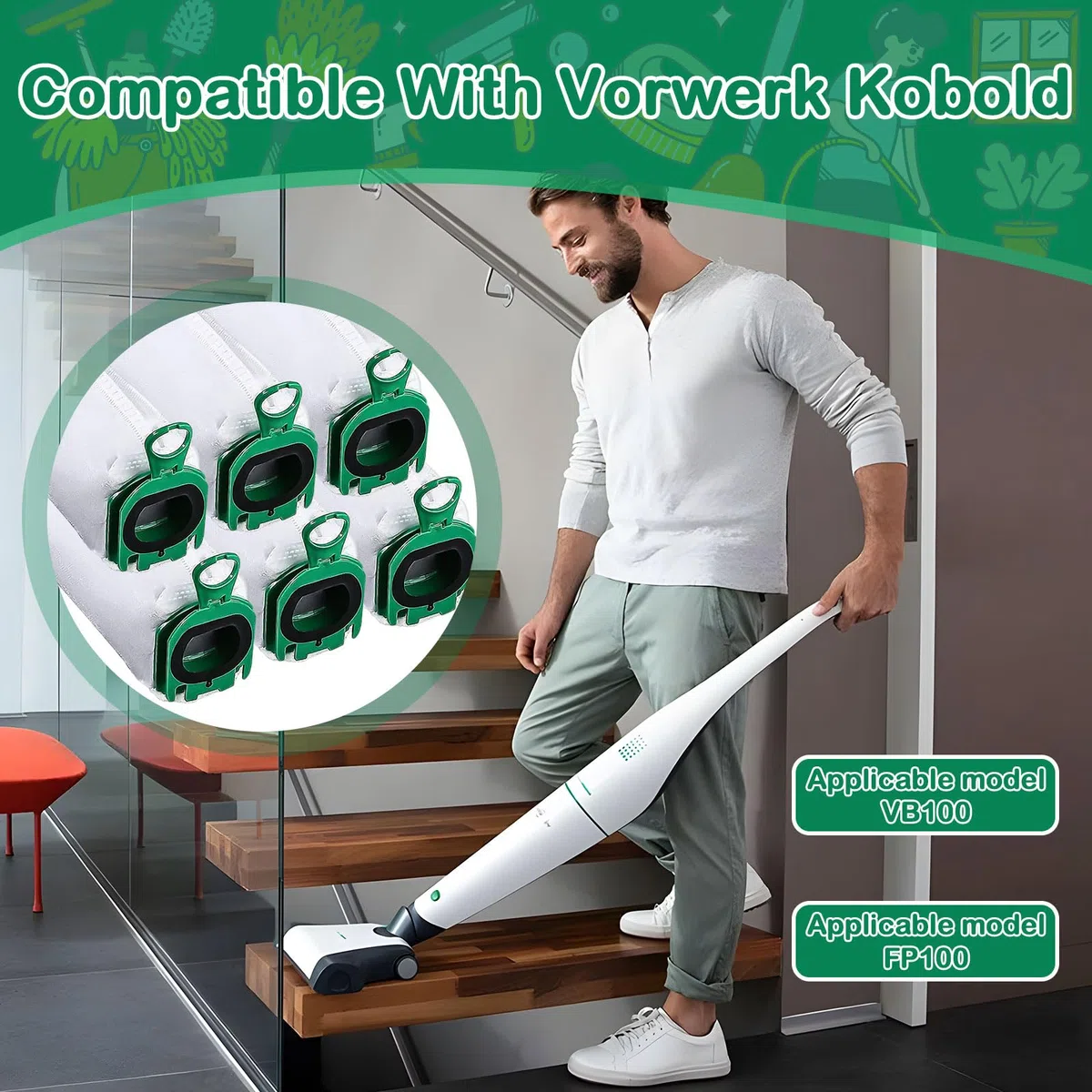 Paquete de 12 Bolsas para Vorwerk Kobold VB100 FP 100,Bolsas de Aspiradora,Bolsas Aspirador,Bolsas Eliminación con 4 Filtros de ProteccióN Del Motor, 2 Cepillar