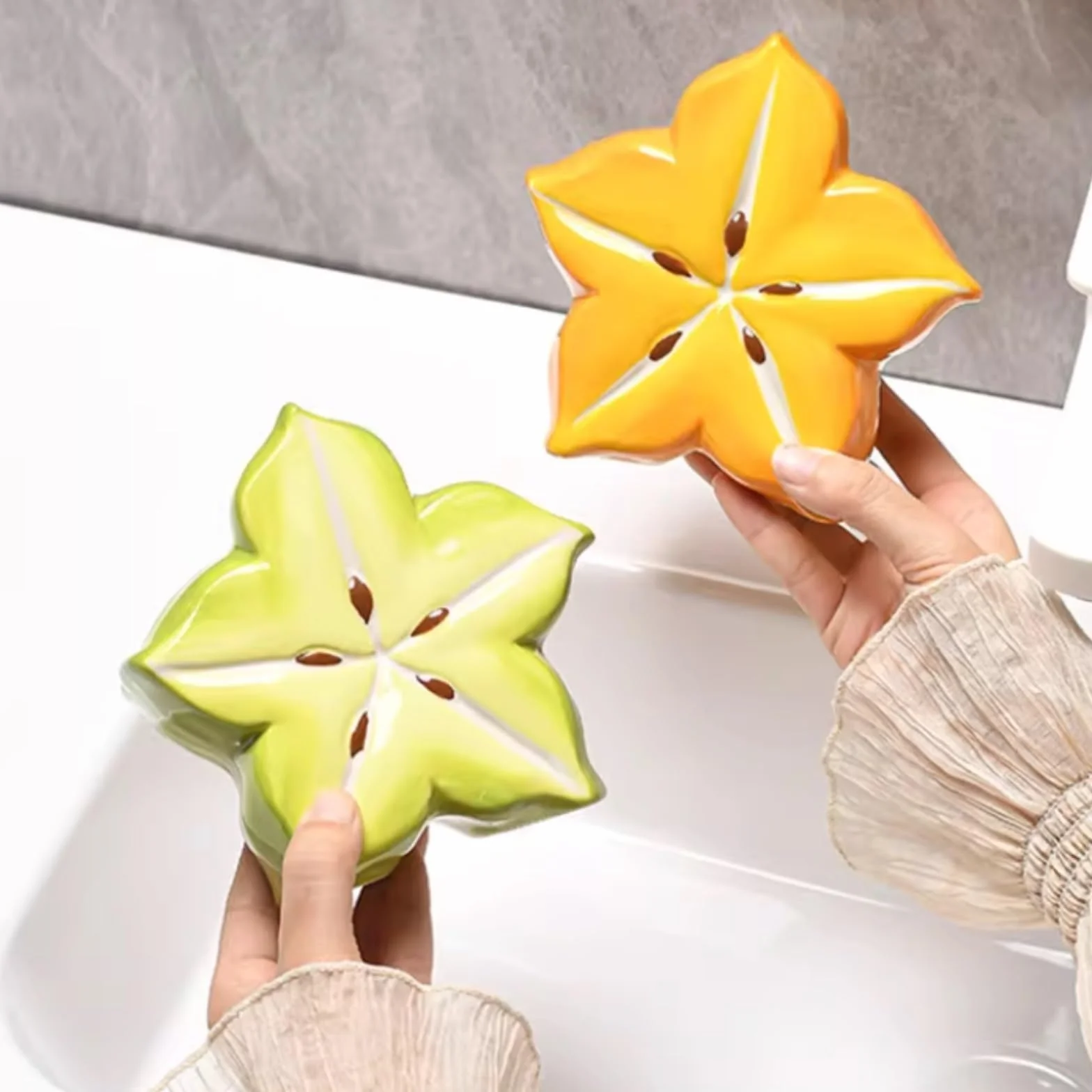Portacepillos De Dientes para Baño Y Ducha Soportes De Pasta Dientes For Cepillos con Forma Carambola Cerámica, Organizadores Almacenamiento For Baño(Grün)