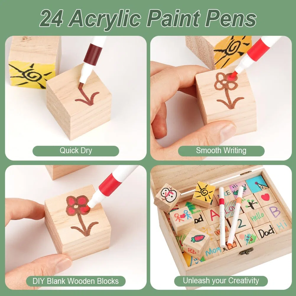 Bloques de Decoración para Actividades,Juego de 75 Letreros,Mini Natural Cubos de Madera con 52 Bloques de Madera,24 Bolígrafos,1 Cartel y una Caja,Niño y Niña