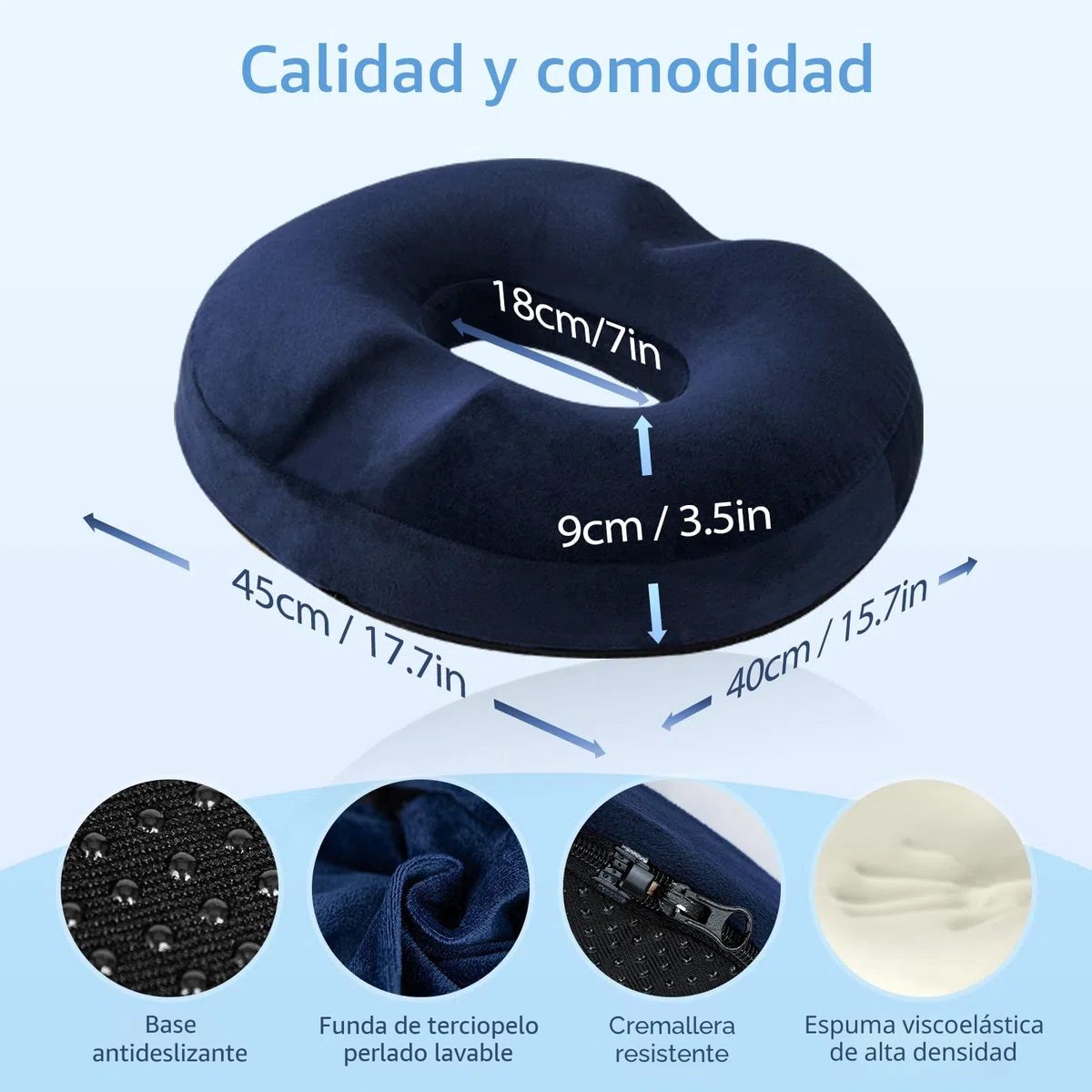 HOMCA Cojín para Coxis Espuma Cojín Hemorroides, Cojin Silla Oficina Cojin Antiescaras para Asientos de Oficina, Silla de Ruedas, Parte Inferior Antideslizante, Funda Lavable, Azul