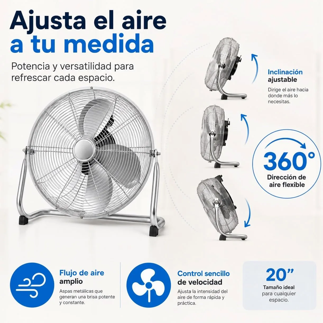 Ventilador Industrial de Suelo 20 Pulgadas, 130 W, Ventilador Metálico con 5 Aspas de Aluminio, 3 Velocidades e Inclinación Ajustable, para Taller, Almacén, Garaje, Gimnasio y Hogar