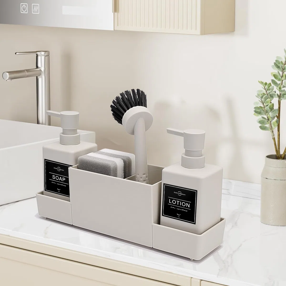 CAUTIOUS Organizador de Fregadero, Dispensador de Jabón de Esponja de Llástico, Juego de Dos Dispensadores de Jabón Líquido Lavavajillas 350ml, Organizador de Utensilios de Cocina (Blanco)