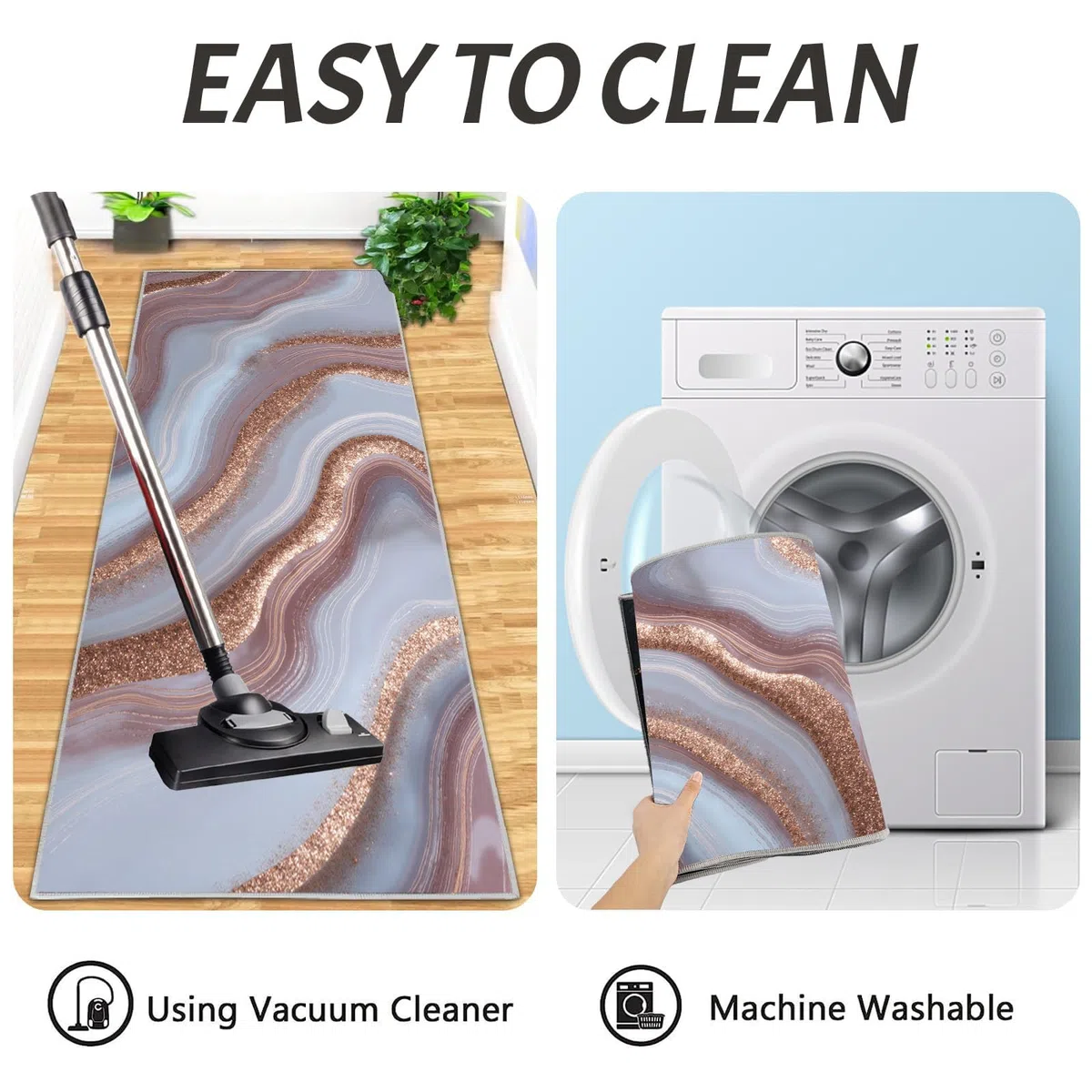 Juego De Alfombras De Cocina Patrón De Ágata Oro Rosa Antideslizantes De 2 Piezas, Alfombra De Cocinas Lujo Moderno para Piso, Impermeable para Aceite Cocina, Baño, 40x60cm+40x120cm