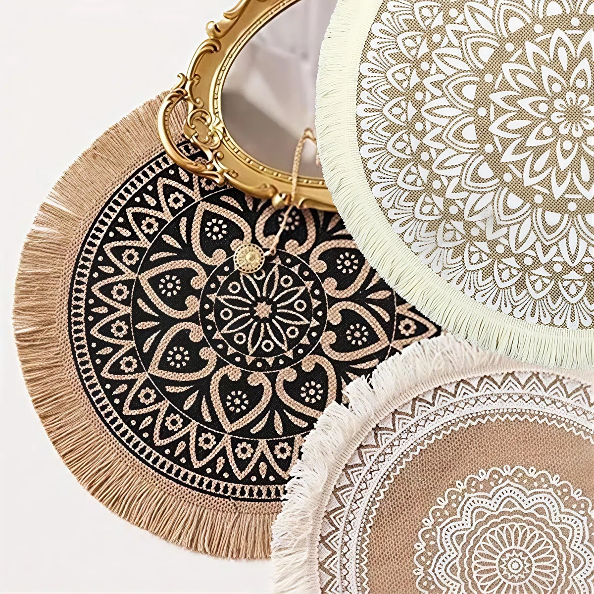 6 Piezas Manteles Individuales Redondos de Estilo, Manteles Individuales de Yute Resistentes al Calor, Mantele Individuale Redondo Estilo Bohémio de Yute, para Aislamiento, Decoracióny Fotografía
