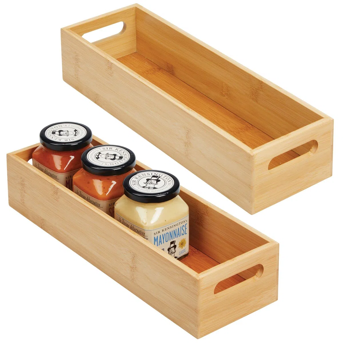 mDesign Juego de 2 cajas de almacenamiento con asas, práctica caja de madera para almacenamiento de alimentos, especias, nueces o botellas, bandeja de bambú abierta para cocina, color bambú