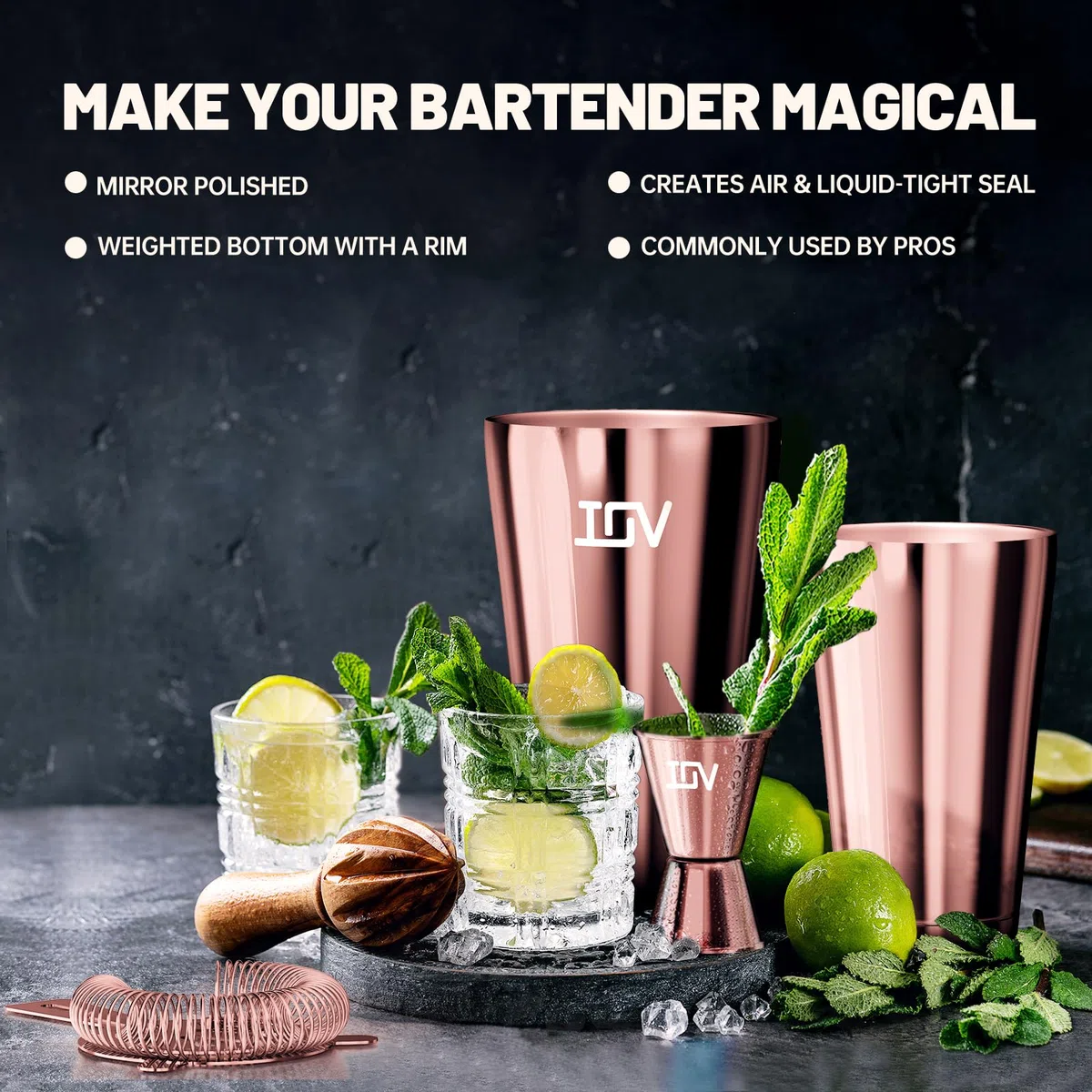 IOV Boston - Juego de coctelera para bar, juego de mezclador de bebidas con agitadores Boston de 18 y 28 onzas, colador Hawthorne, medidor doble, kit de herramientas de barra y folleto de recetas, oro