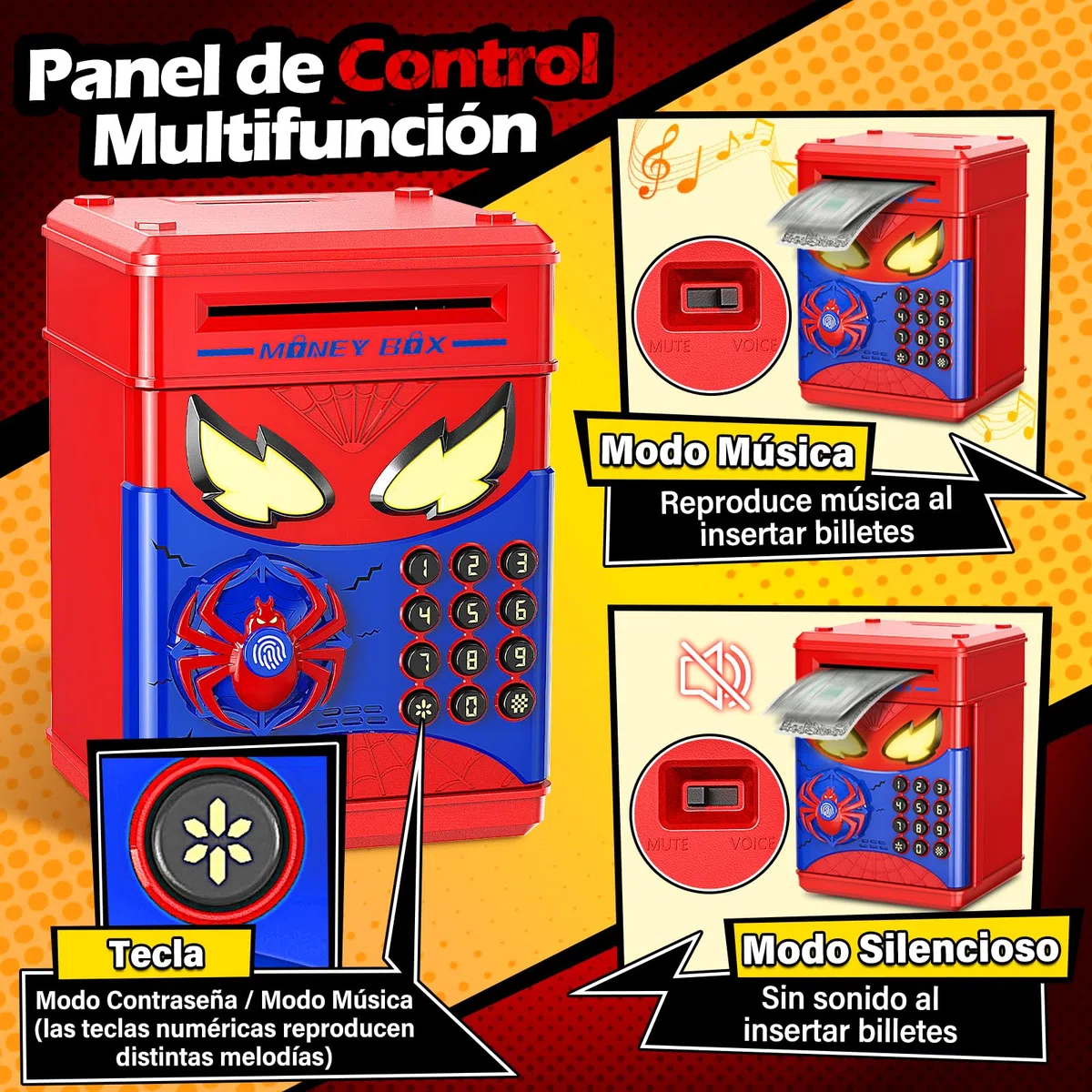 Hucha Infantil - Caja Fuente Niños, Spider Hucha Electronica con Huella Digital y Código, Hucha Cajero Automático con Succión de Billetes, Regalo Niño Niña 3 4 5 6 7 8 10 12 Años