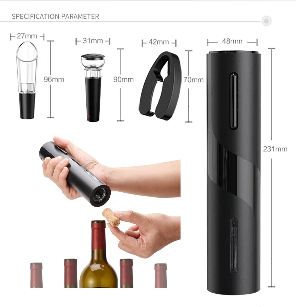 Sacacorchos Eléctrico, Abridor Botellas de Vino Profesional Recargable, Abrebotellas Automático Portátil con Cable USB, Cortacápsulas Botella, Tapón de Vino de Vacío y Vertedor de Vino