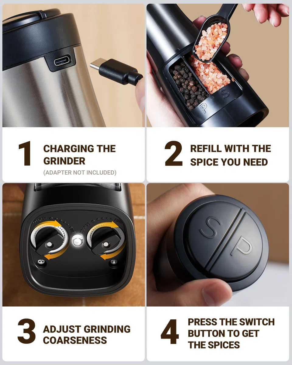 Sangcon Recargables USB Molinillo de Sal y Pimienta Eléctrico 2 en 1, Funcionamiento Automático con Una Sola Mano con Molinillo de Cerámica Ligero, Molonillo Sal Grosor Ajustable,(Color Metalico)