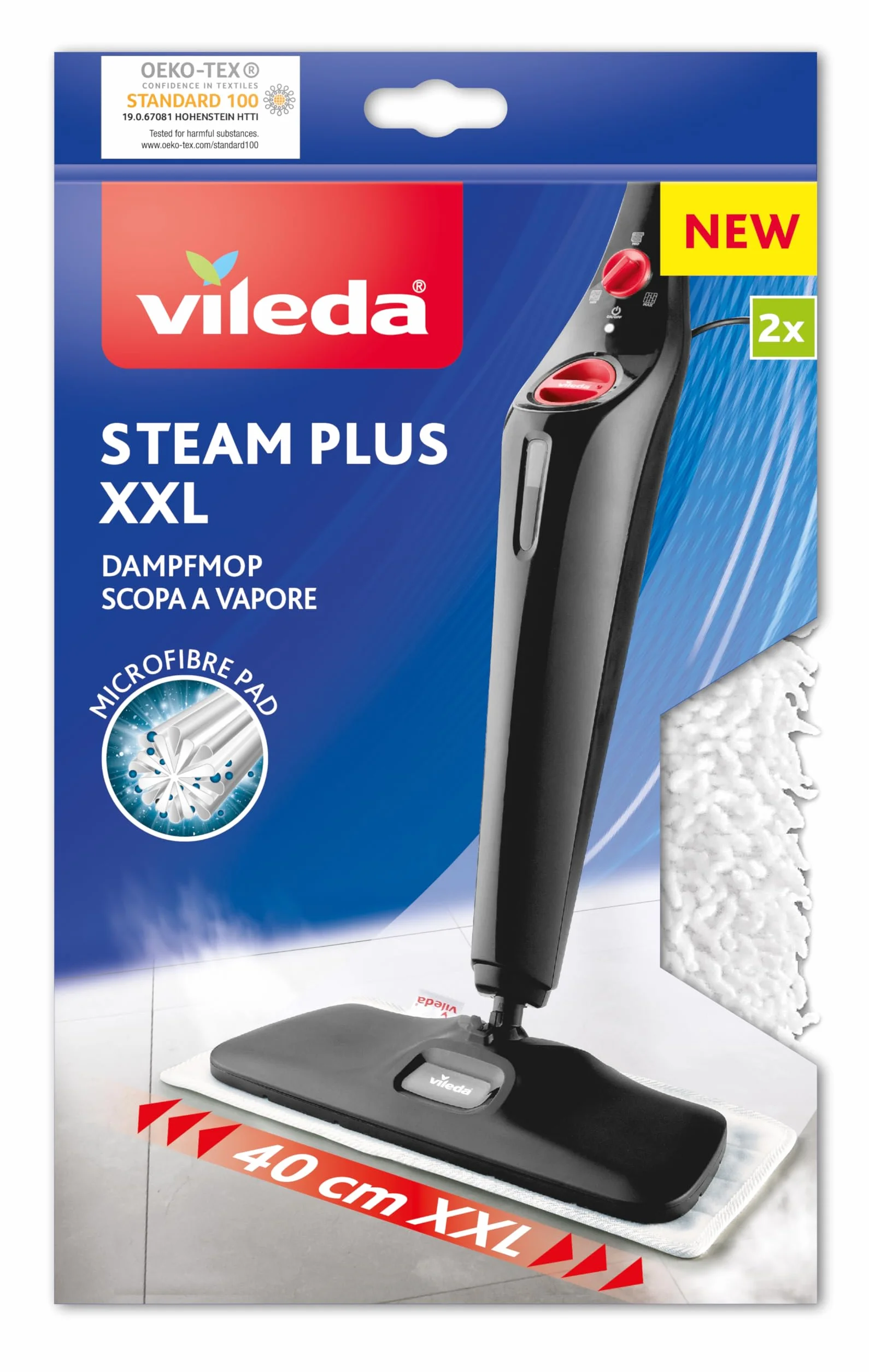 Vileda - Recambio para Escoba vaporizador XXL, Pack de 2, 100% Microfibra estándar Blanco, Recarga Oficial Compatible con Escoba de Vapor Rectangular Steam XXL