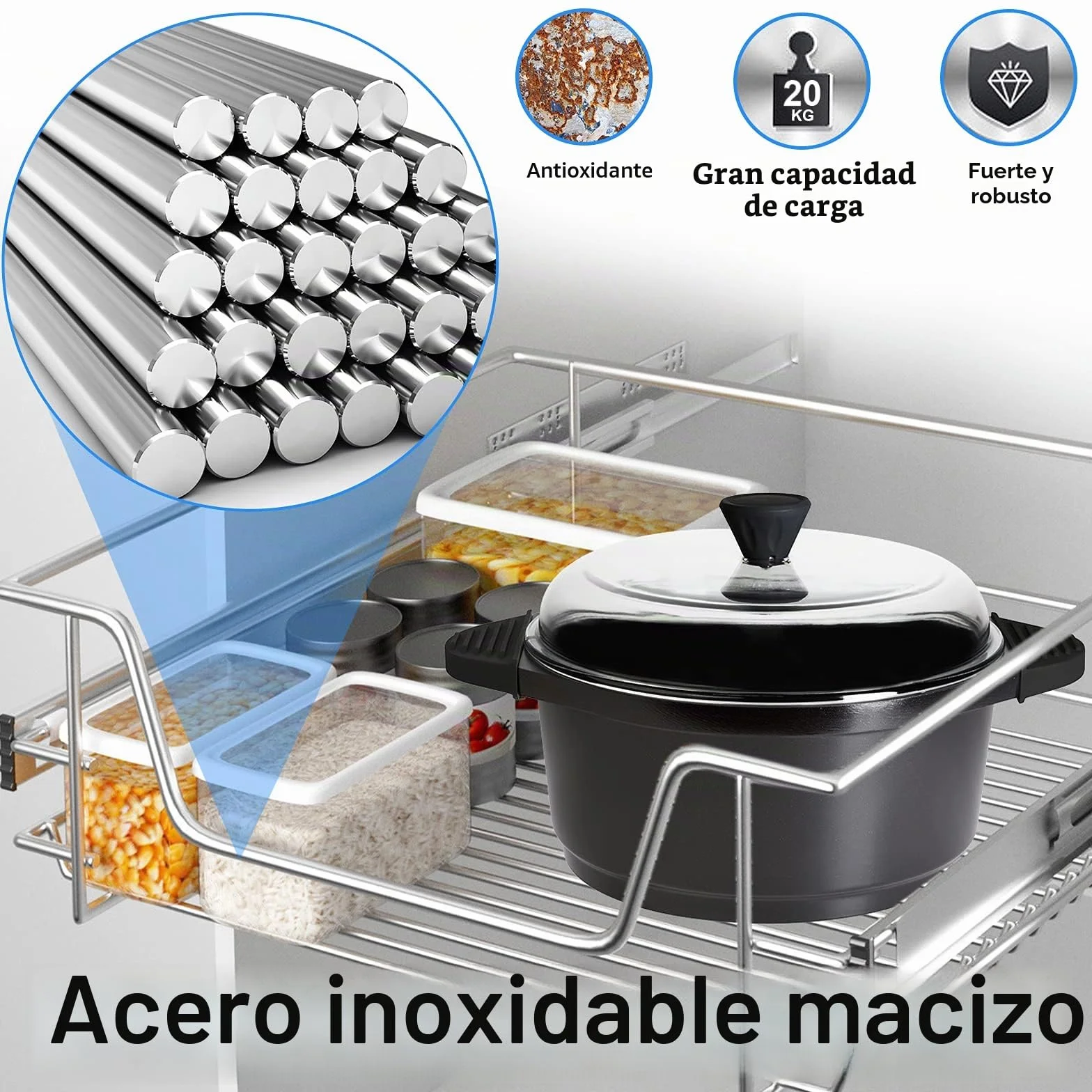 Aufun 4 cajones de cocina de 50 cm, cajón telescópico, extracción total, armario de cocina, armario extraíble, cesta extraíble extraíble, estantería de cocina para el hogar.