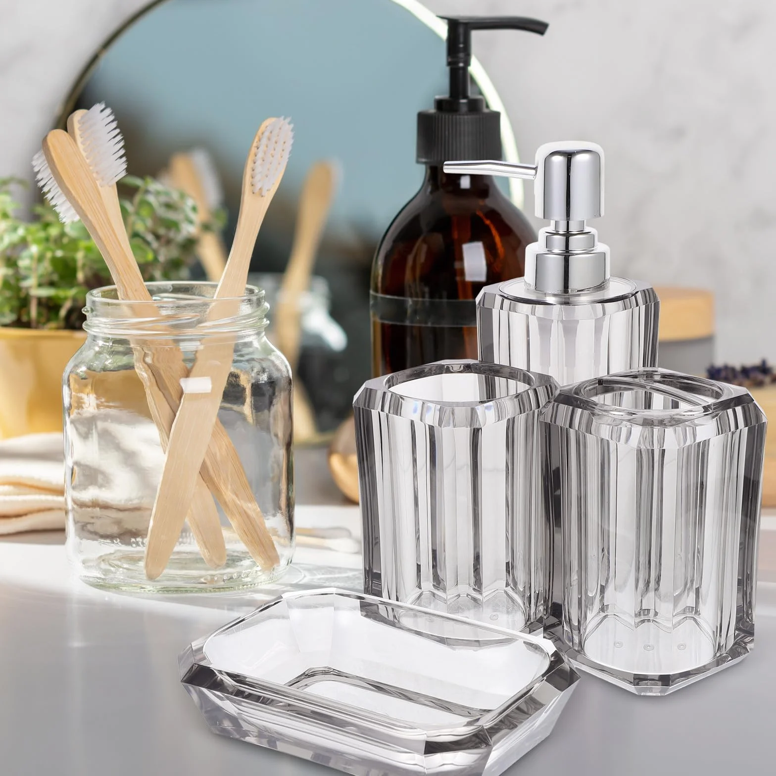 Didiseaon Juego de Accesorios para Baño en Acrílico Transparente Dispensador de Jabón y Vaso para Cepillo de Dientes, Diseño Elegante para Mantener Ordenado el Baño