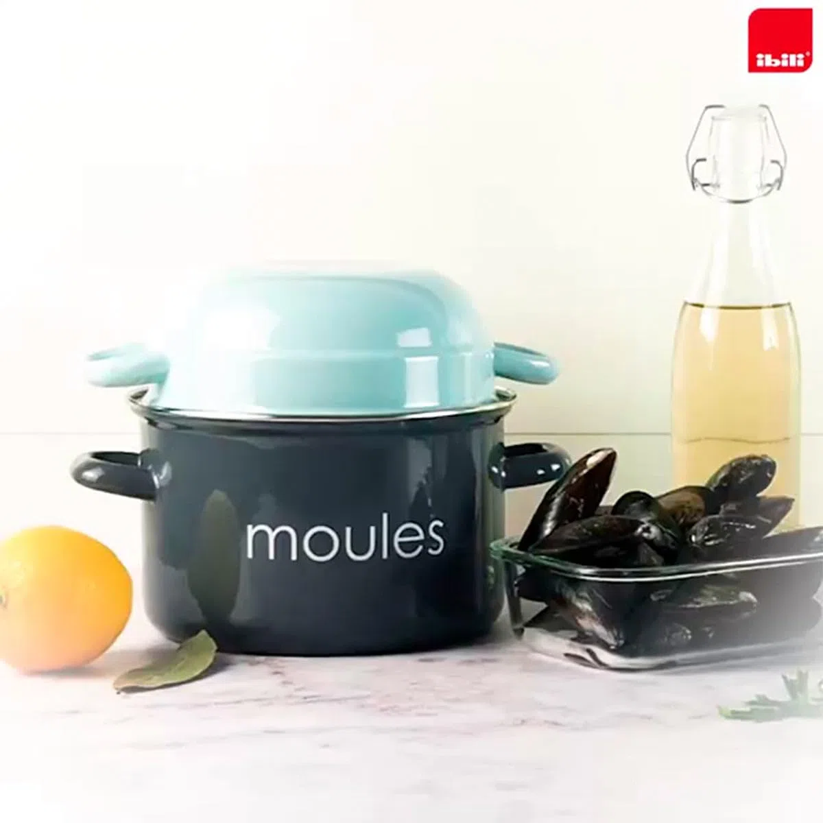 IBILI - Olla para mejillones negra, 22 cm, Acero esmaltado, Apta para induccion