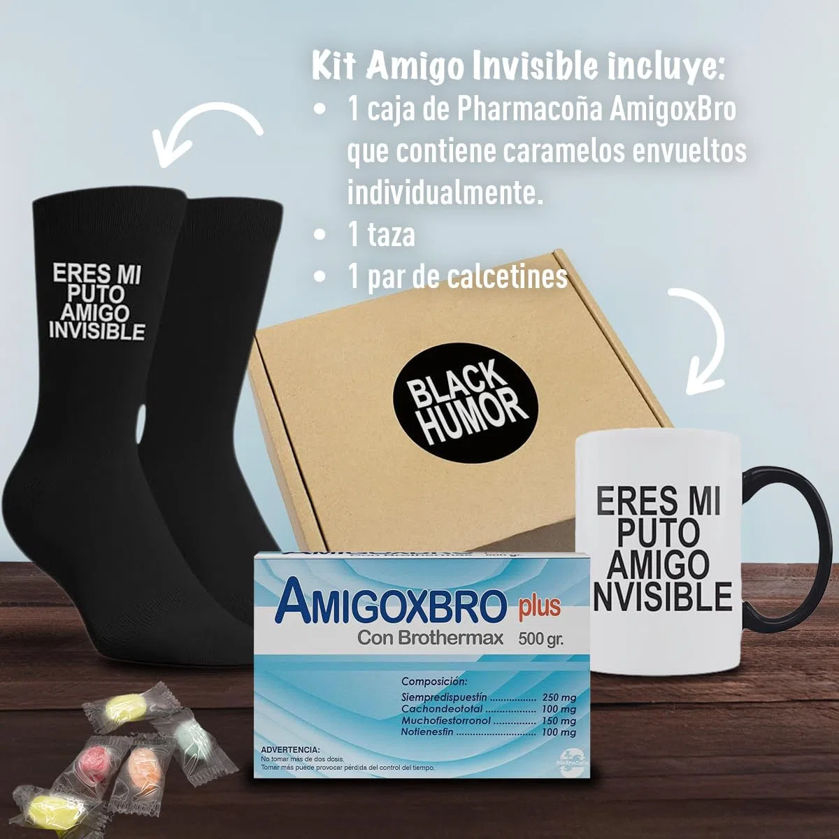 Kit Amigo Invisible - Taza Eres Mi Puto | Calcetín 40-46 | Pharmacoña | Regalos Originales Ideal Para Sorprender